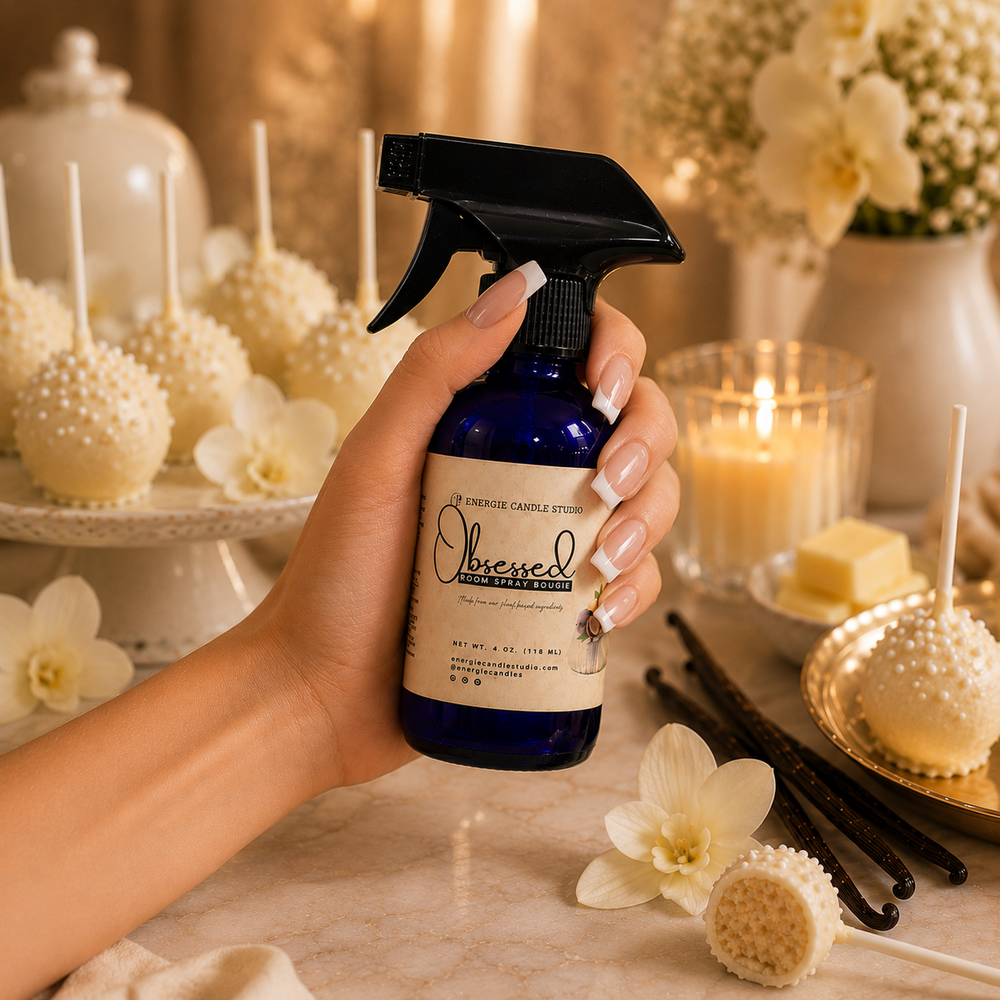 Hand holding a bottle of Obsessed Candle Studio candle wax with candles and decorative items in the background
