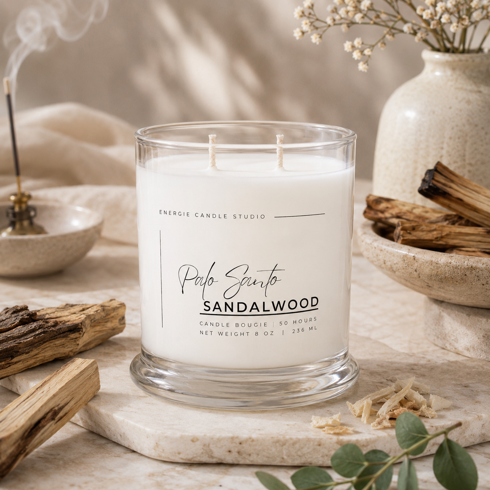 A clear glass jar candle labeled 'Palo Santo SANDALWOOD' by Energie Candle Studio, set on a stone slab with wood pieces, a vase, and dried flowers in a softly styled interior scene.