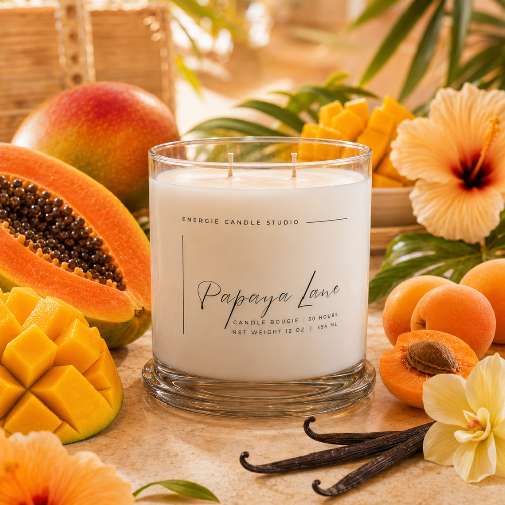 A clear glass jar candle labeled 'Papaya Lane' by Energie Candle Studio sits on a tabletop surrounded by tropical fruit, flowers, and vanilla beans. The candle is white wax in a transparent glass container with printed black text and script.