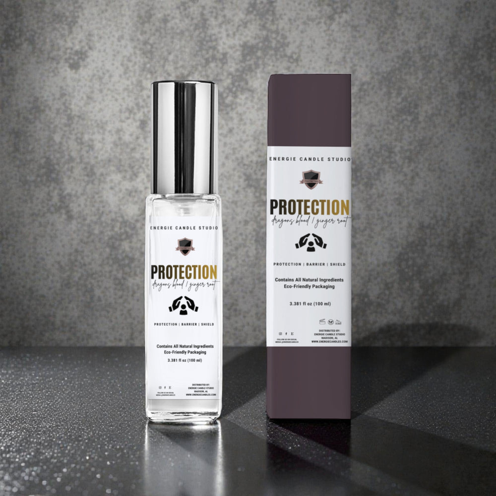 Protection spray bottle and packaging on a gray background