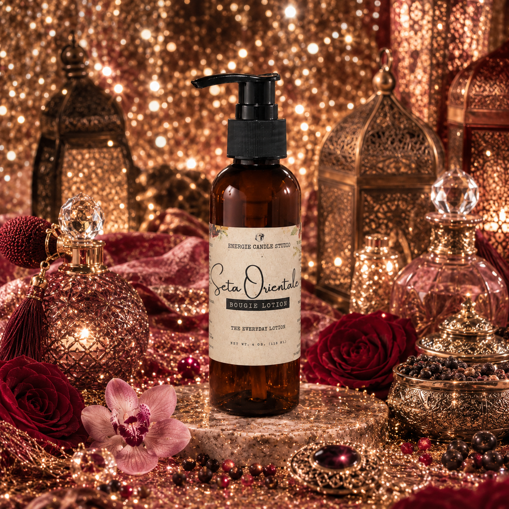 A bottle of Sea Orientals Rose Scented Lotion stands on a stone pedestal in a richly decorated setting with gold lanterns, roses, perfume bottles, and glittering background lights.