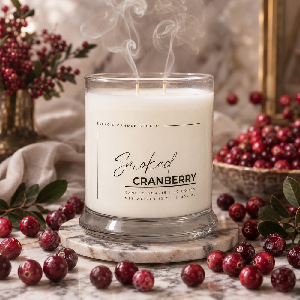 A lit white candle in a clear glass jar with visible wick and rising steam, labeled 'Smoked Cranberry' by Energie Candle Studio. The candle sits on a marble coaster surrounded by cranberries and green leaves, with a softly blurred rustic holiday background.