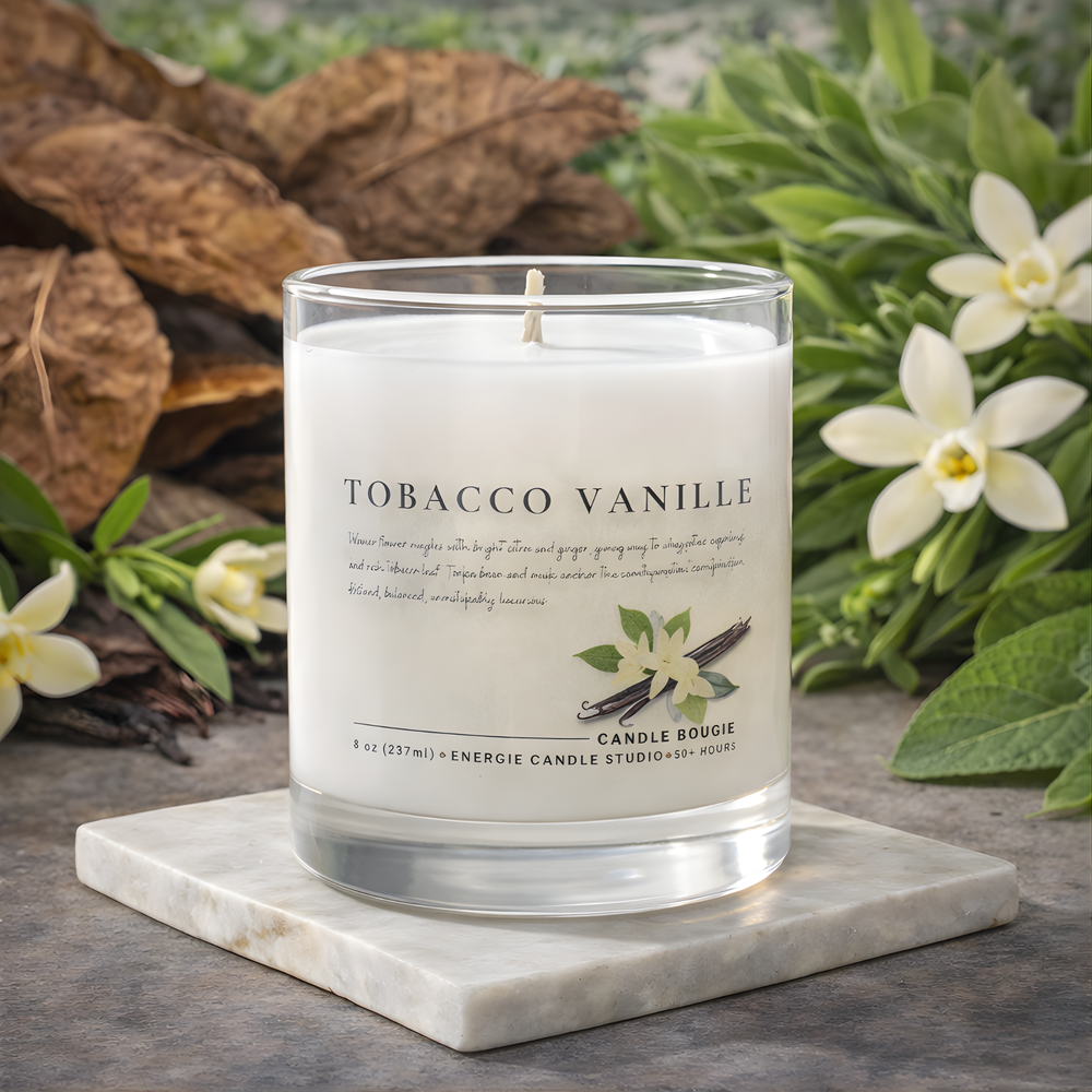 Tobacco Vanille candle on a marble coaster with flowers and leaves in the background