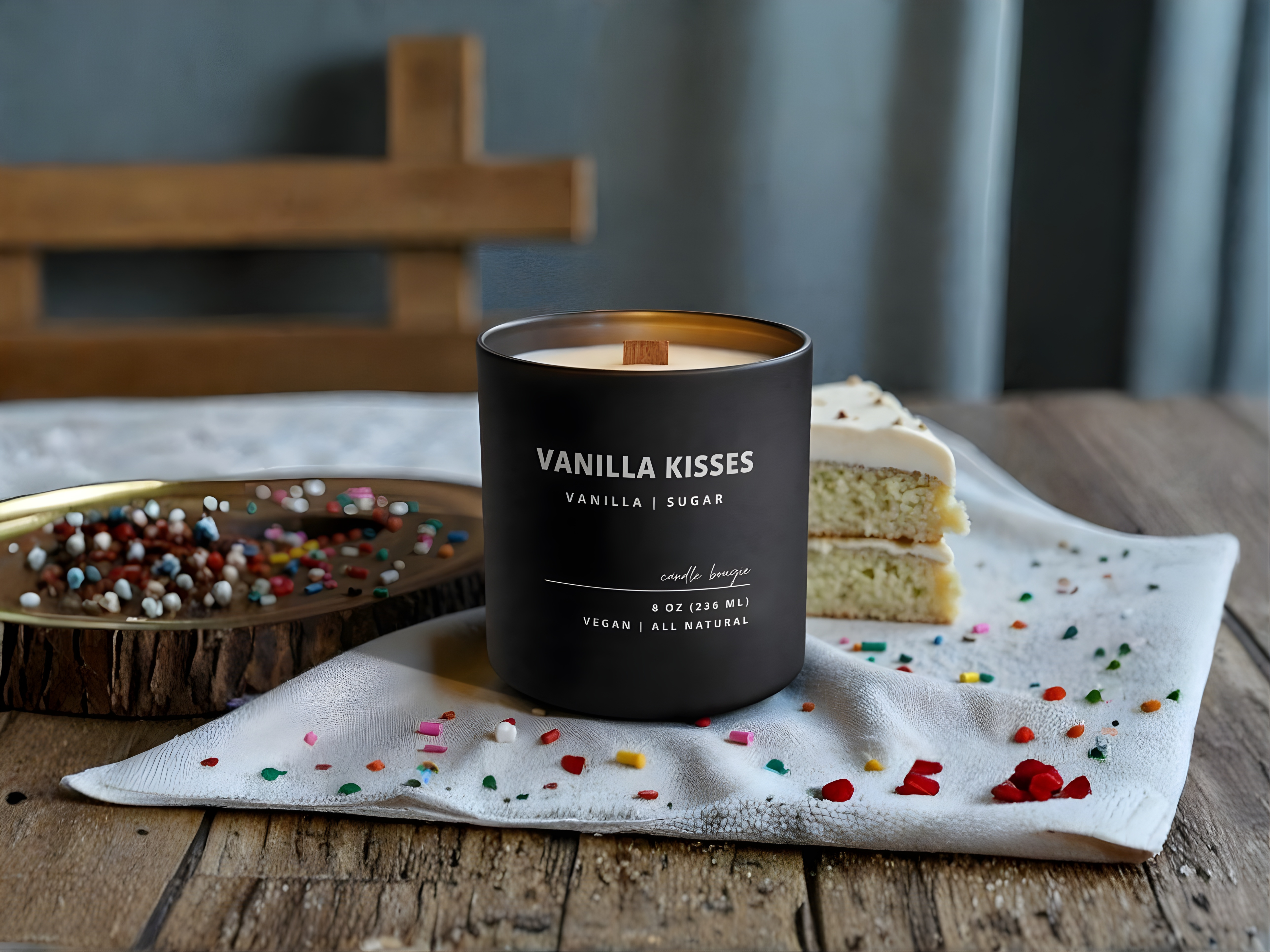 Vanilla Kisses candle on a wooden table with a cake and decorative elements.