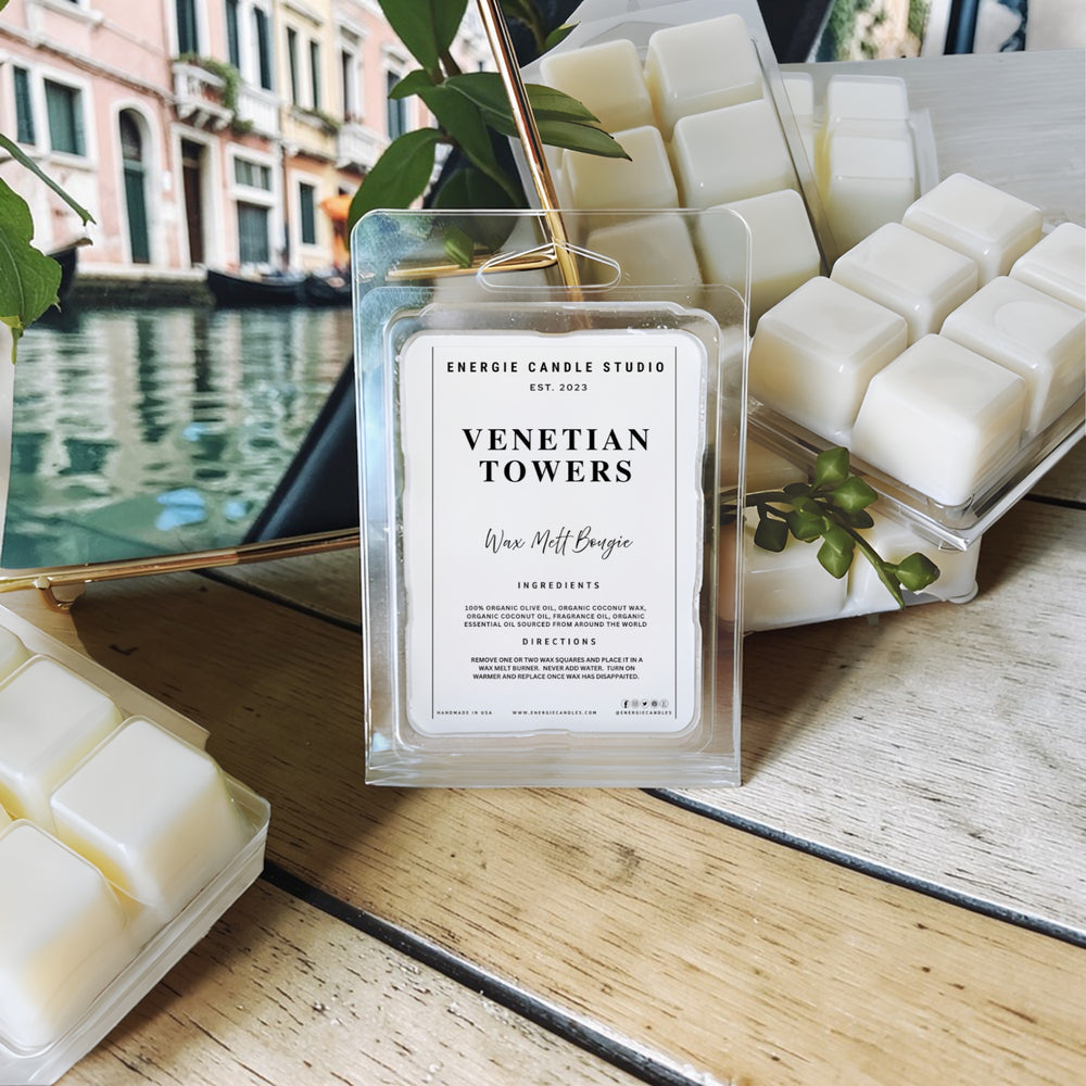 Energie Candle Studio Venetian Towers wax melt package with canal view in the background