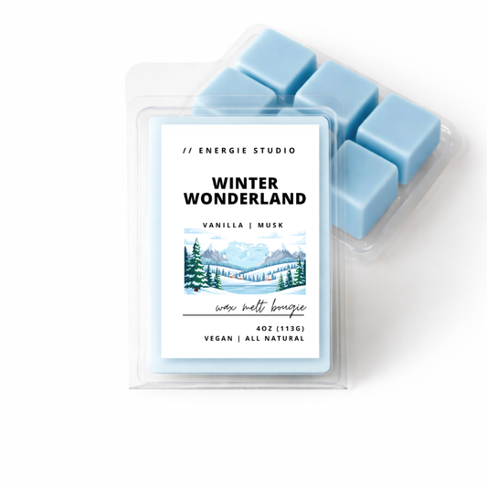 Packaged wax melts with 'Winter Wonderland' label on a white background