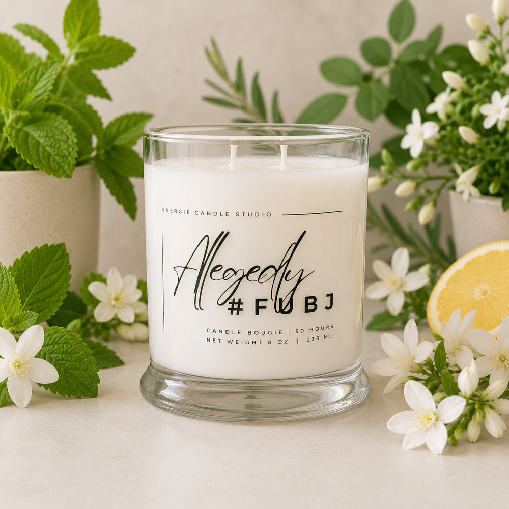 Candle with a label surrounded by greenery and flowers on a light surface