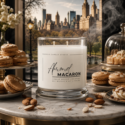 A clear glass jar candle labeled 'Amond MACARON' by Energie Candle Studio sits on a marble table, surrounded by almonds, macarons, and pastries, with a city skyline window background.