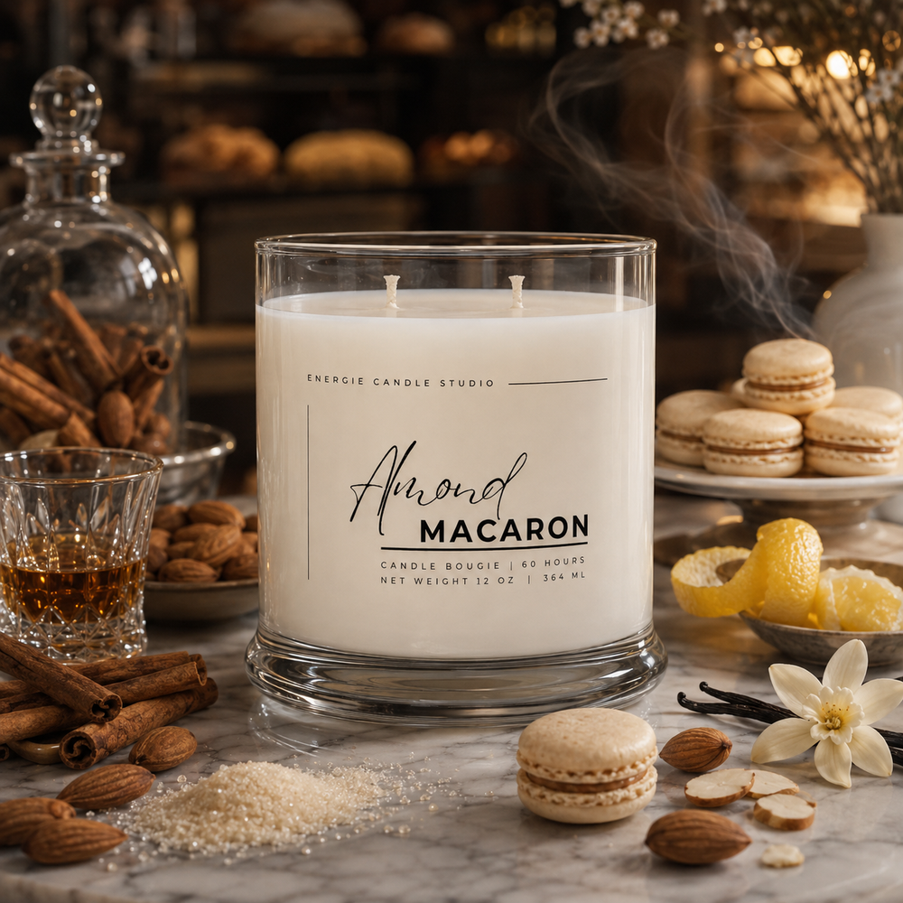 A lit scented candle in a clear glass jar sits on a marble surface surrounded by macarons, almonds, cinnamon sticks, a glass of amber liquid, and warm blurred background props. The candle label reads 'Almond Macaron' and 'ENERGIE CANDLE STUDIO'.