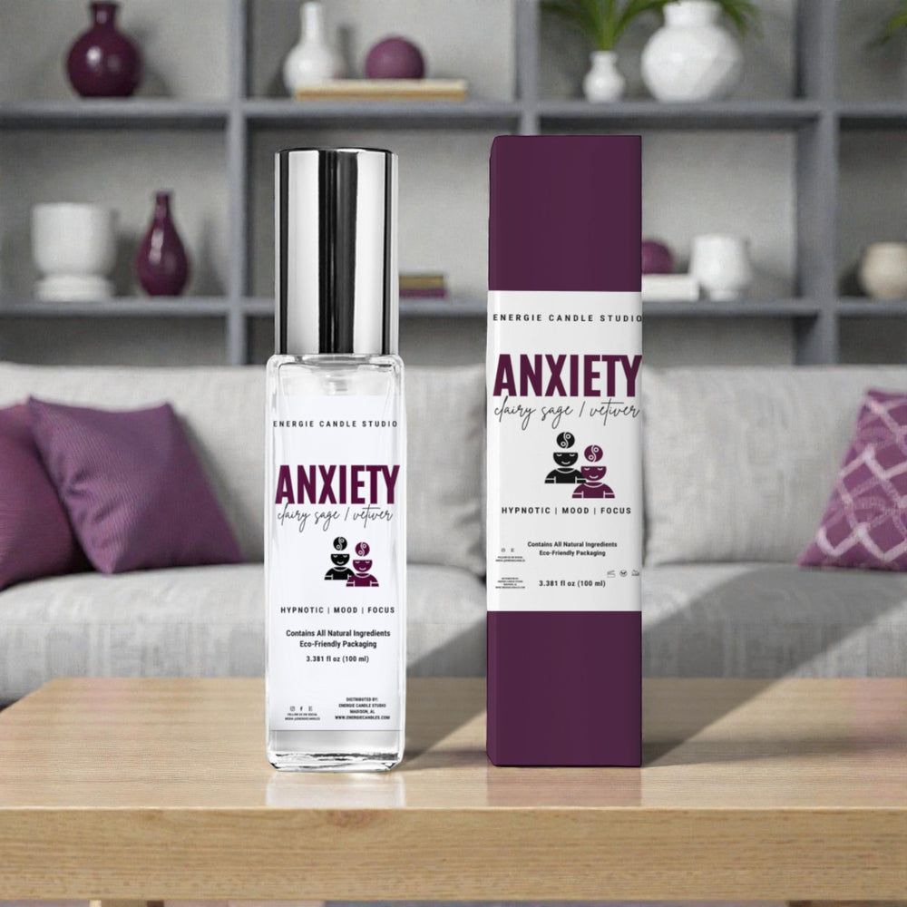 Anxiety oil bottle and packaging on a table with a blurred living room background