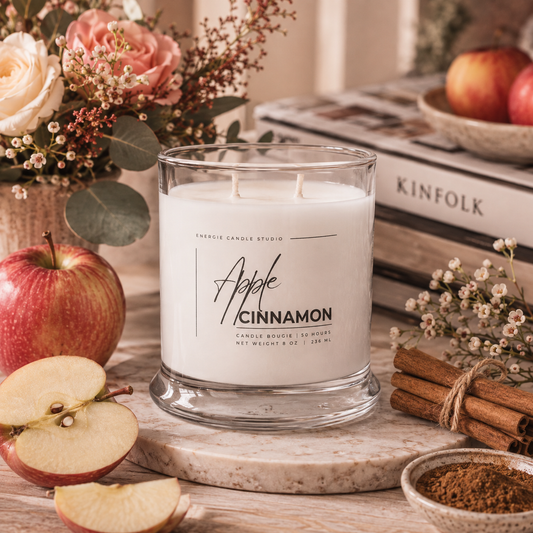 A glass jar candle labeled 'Apple Cinnamon' by Enclave Candle Studio, styled on a marble board with red apples, cinnamon sticks, dried flowers, and a book in a warm rustic setting.