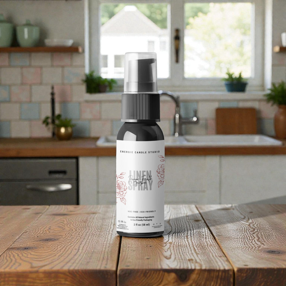Linen spray bottle on a wooden table with a kitchen background