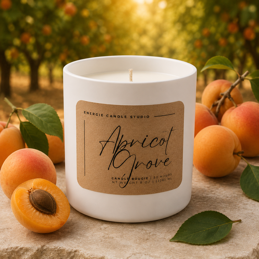 Candle labeled 'Apricot Grove' with apricots and a blurred orchard background