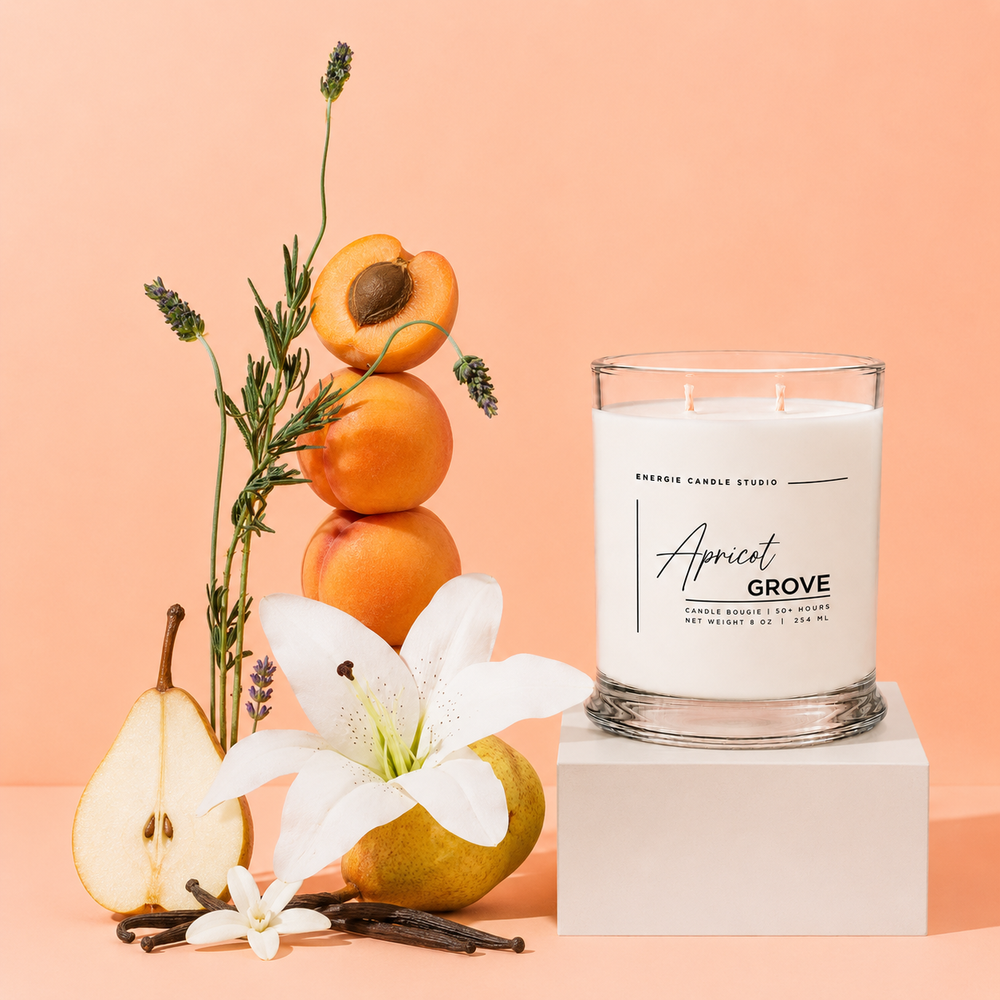A white scented candle in a clear glass jar sits on a white pedestal against a peach background. The label reads 'ENERGYS CANDLE STUDIO' and 'Apricot GROVE'.