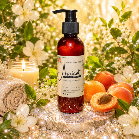 Red bottle with black pump labeled 'Apricot' on a decorative background with apricots and flowers.