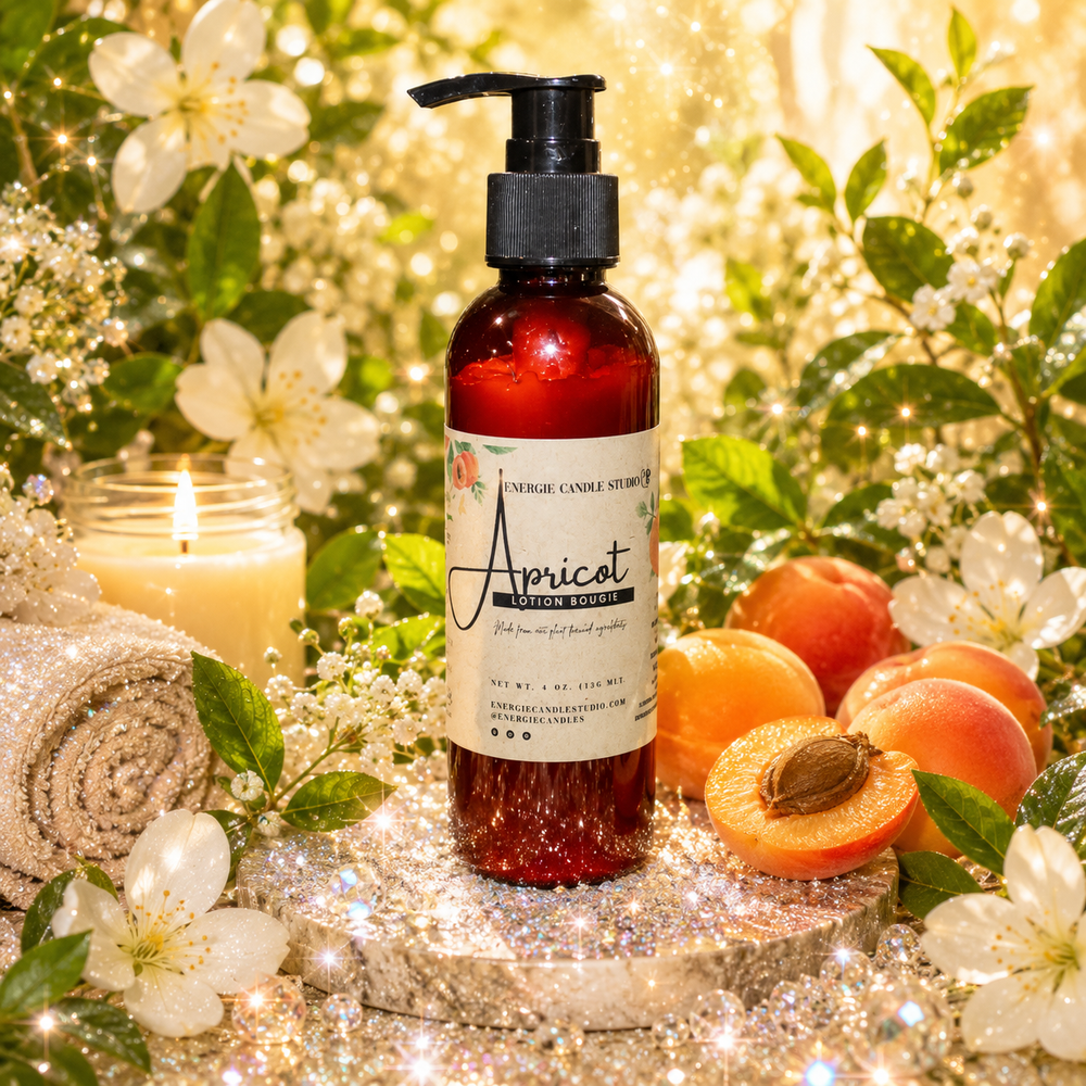 Red bottle with black pump labeled 'Apricot' on a decorative background with apricots and flowers.