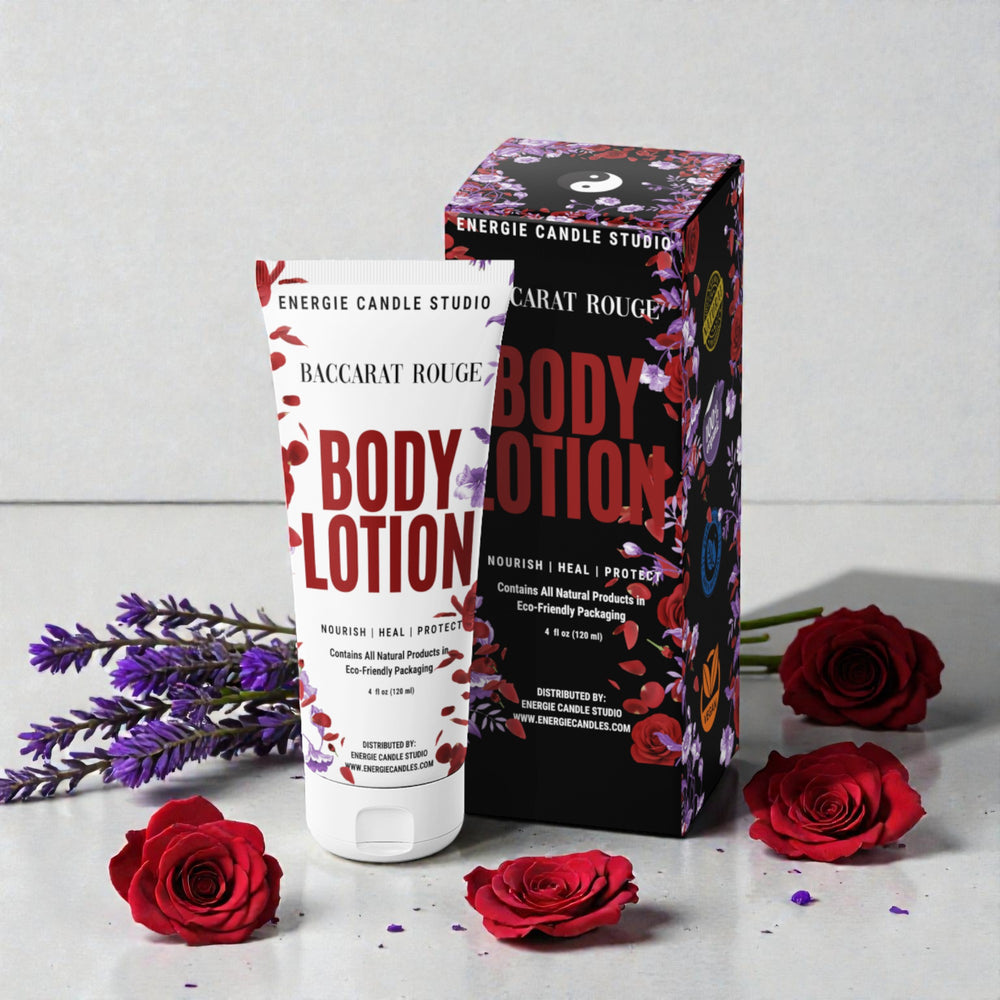 Body lotion with floral packaging and red roses on a light background