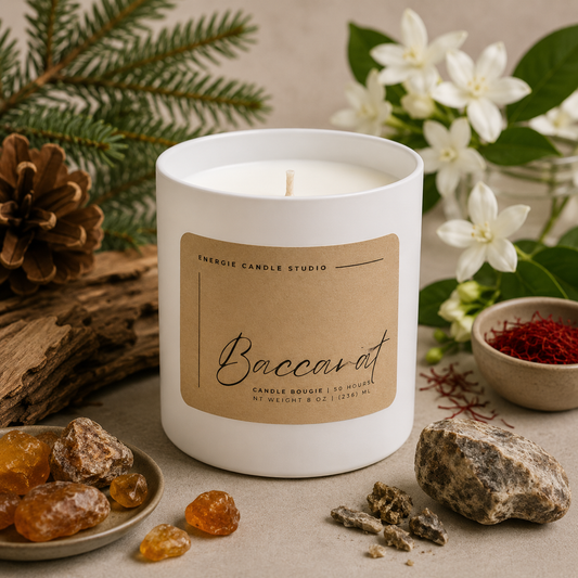 White candle in a decorative container with a label, surrounded by natural elements like flowers, rocks, and spices.