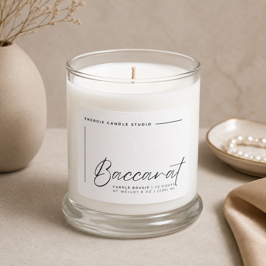 Candle with a label on a neutral background