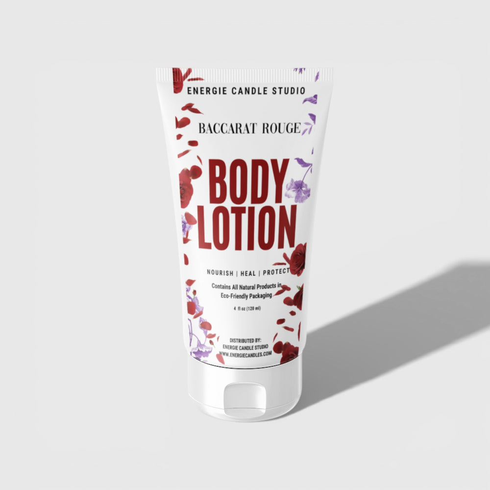 Body lotion tube with 'Baccarat Rouge' branding on a light gray background