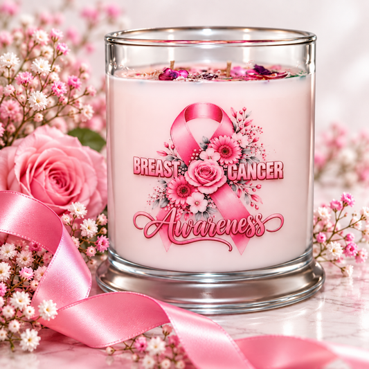 A breast cancer awareness candle in a clear glass jar with pink wax, decorated with a pink ribbon and floral graphic. The jar is styled with pink roses, baby's breath, and a pink satin ribbon on a light marble surface.