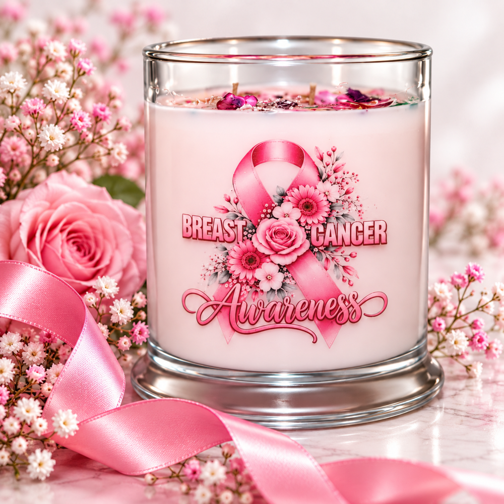 A breast cancer awareness candle in a clear glass jar with pink wax, decorated with a pink ribbon and floral graphic. The jar is styled with pink roses, baby's breath, and a pink satin ribbon on a light marble surface.