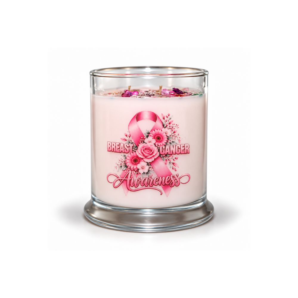 A pink scented candle in a clear glass jar with a silver metal base, featuring a pink breast cancer awareness ribbon, roses, and the words 'Breast Cancer Awareness' on the front.