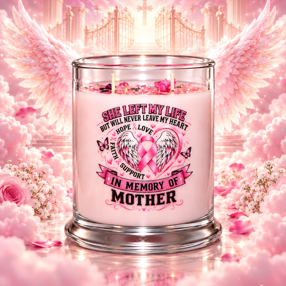 A pink memorial candle in a clear glass jar with a printed heart-and-wings design and the text 'She left my life but will never leave my heart.