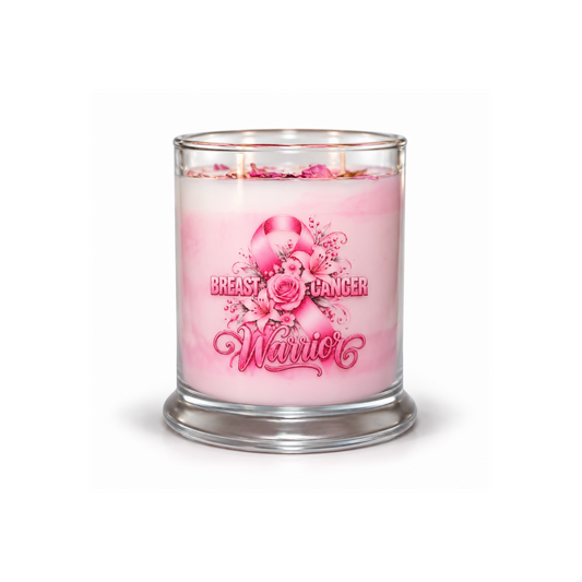 A pink scented candle in a clear glass jar with a thick glass base, featuring a pink rose and ribbon graphic with the text 'Breast Cancer Warrior' on the front, set against a plain white background.