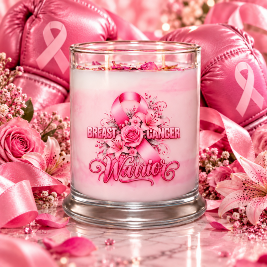 A pink breast cancer awareness candle in a clear glass jar, surrounded by pink roses, petals, and boxing gloves with pink ribbons on a pink marble surface.