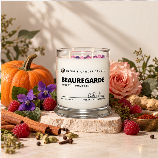 A glass jar candle from Energie Candle Studio labeled 'Beauregarde Violet | Pumpkin' sits on a stone slab surrounded by autumn and floral props including a pumpkin, roses, raspberries, cinnamon sticks, and ginger on a warm beige background.