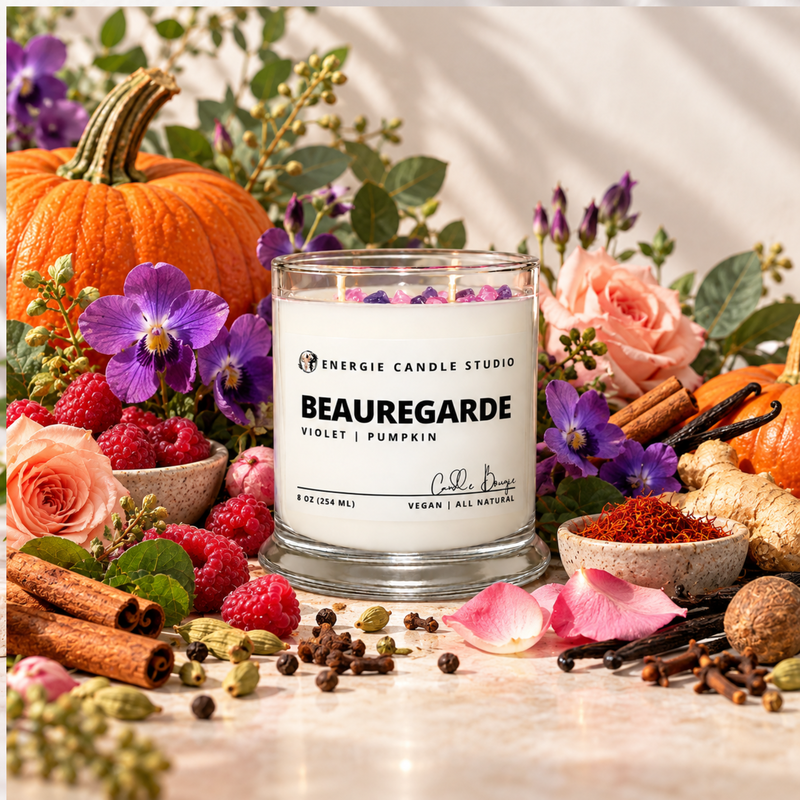 A glass jar candle labeled “BEAUREGARDE VIOLET | PUMPKIN” by “ÉNERGIE CANDLE STUDIO” is styled in a rich autumnal arrangement with pumpkins, raspberries, pink roses, cinnamon sticks, cardamom pods, and violet flowers on a light stone surface.