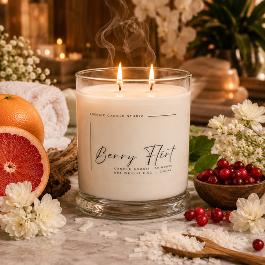A double-wick scented candle in a clear glass jar labeled 'Berry Flint' by Exerience Candle Studio, styled on a marble surface with white flowers, cranberries, a grapefruit, and warm candlelight in the background.