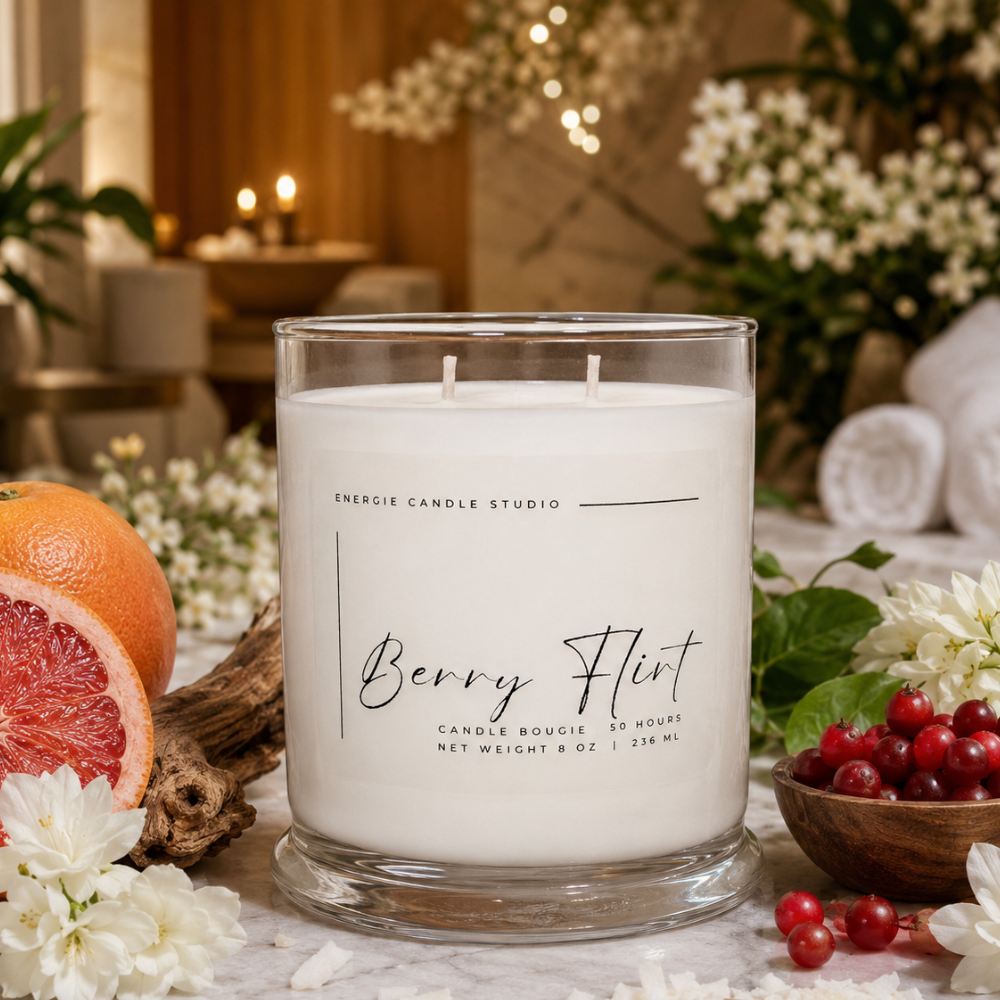 A clear glass jar candle labeled 'Berry Flint' by Energie Candle Studio, filled with white wax and set on a marble surface with cranberries, white flowers, and a sliced orange in a cozy, softly lit room background.
