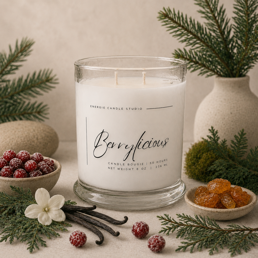 Candle labeled 'Berrylicious' surrounded by berries, flowers, and vanilla beans on a neutral background
