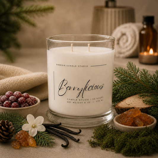 Candle labeled 'Berrylicious' surrounded by vanilla beans, berries, and greenery on a neutral background.