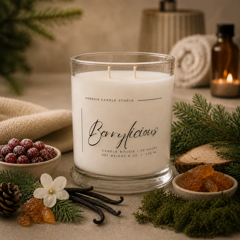 Candle labeled 'Berrylicious' surrounded by vanilla beans, berries, and greenery on a neutral background.