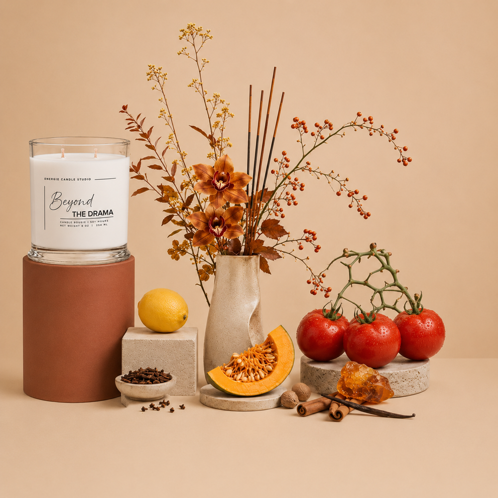 A styled product scene featuring a white candle in a clear glass jar with a terracotta-colored cylindrical base. The candle label reads 'Beyond THE DRAMA' and 'CREATED CANDLE CO.