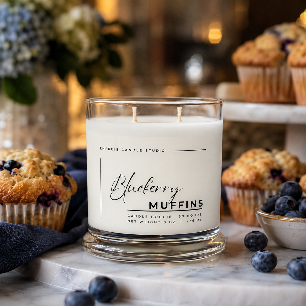 A double-wick scented candle in a clear glass jar sits on a marble surface, surrounded by blueberry muffins and loose blueberries. The candle label reads 'Blueberry Muffins' by Energie Candle Studio.