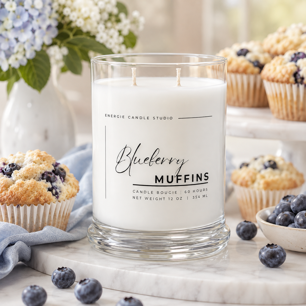 A clear glass jar candle labeled 'Blueberry Muffins' by Energie Candle Studio, filled with white wax and set on a marble surface with blueberries, muffins, and flowers in a softly lit kitchen-like setting.