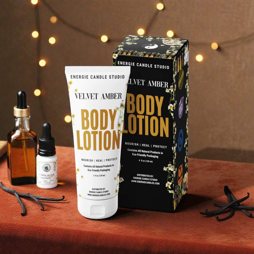 Body lotion with packaging and vanilla beans on a wooden surface