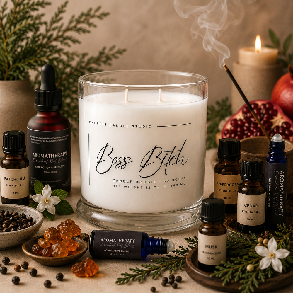 Candle with 'Boss Bitch' text surrounded by aromatherapy products on a decorative surface.