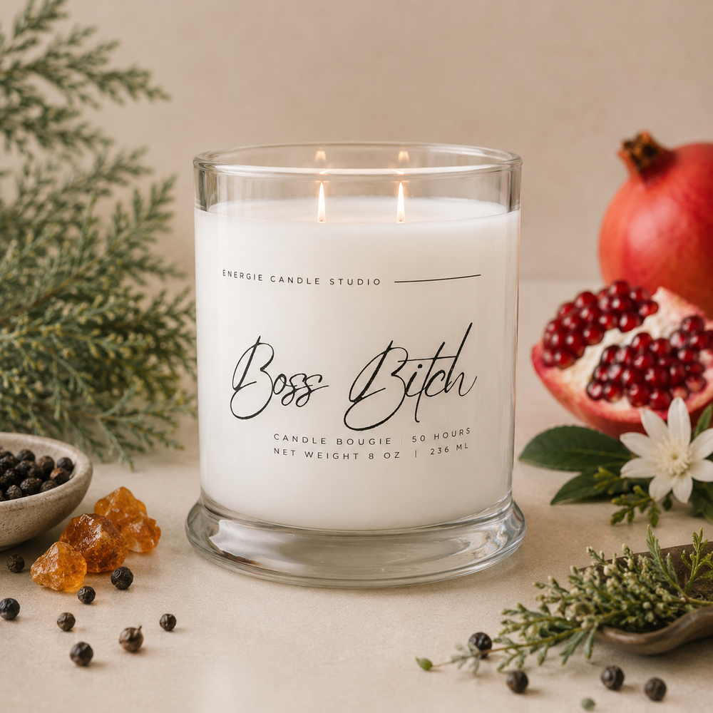 Candle with 'Boss Bitch' text surrounded by pomegranates, flowers, and greenery on a neutral background