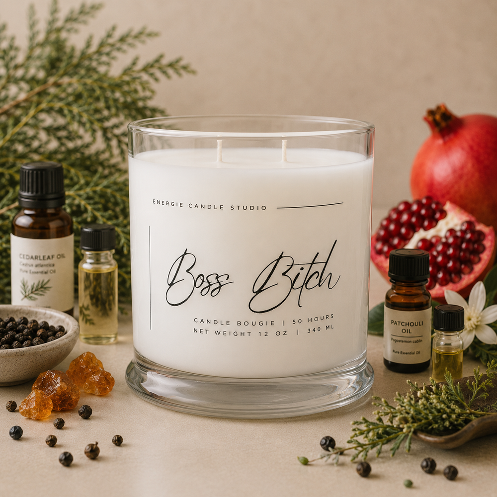 Candle with 'Boss Bitch' text surrounded by essential oils and pomegranates on a neutral background