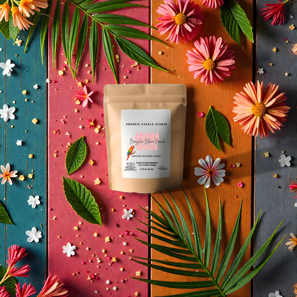 Coffee package with decorative flowers and leaves on a colorful striped background