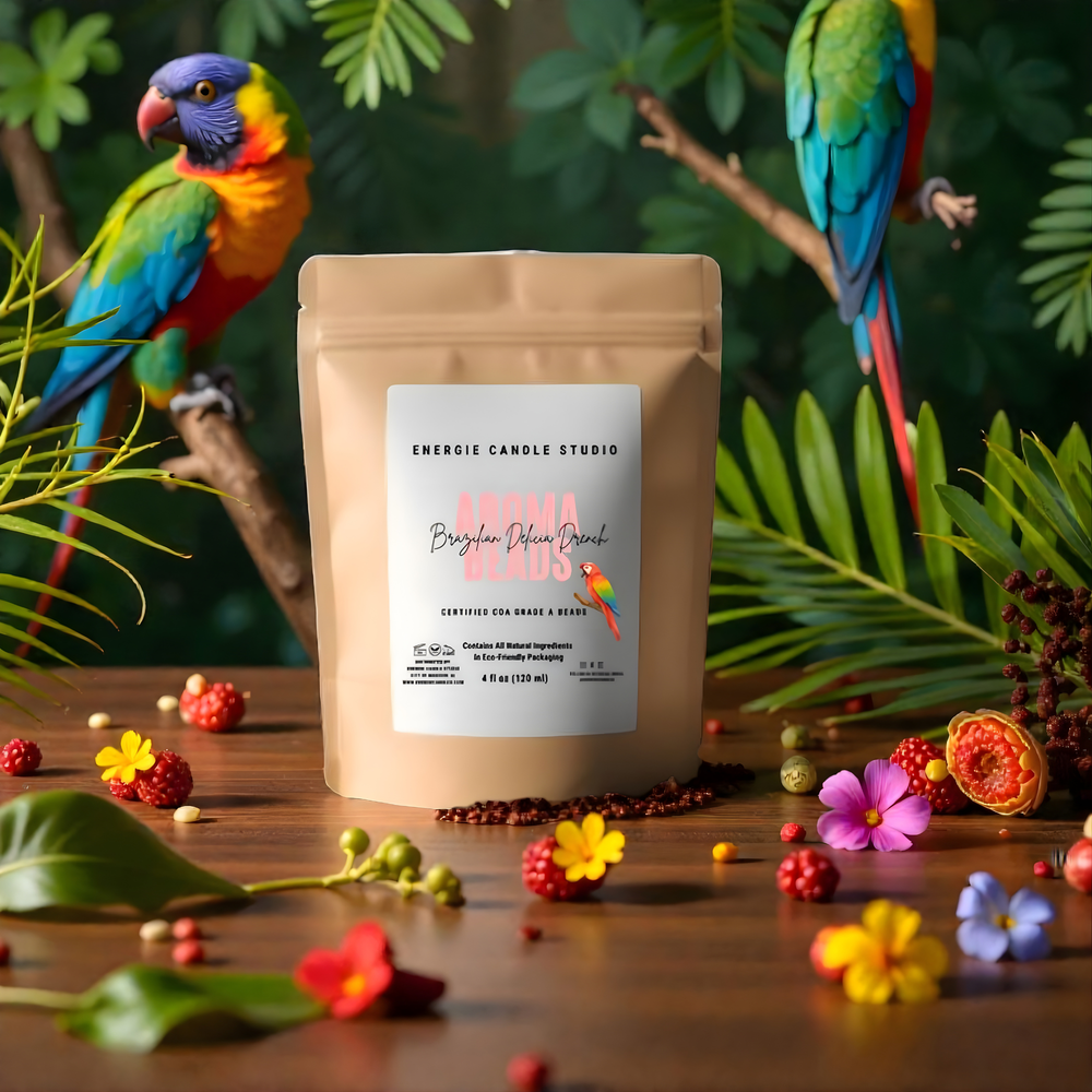 Product packaging with colorful parrots and flowers in a natural setting