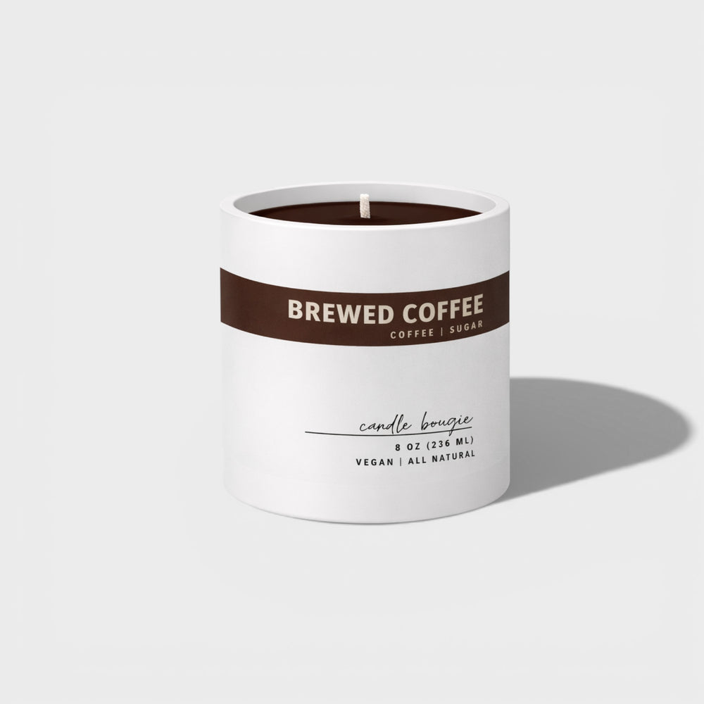 Candle labeled 'Brewed Coffee' on a white background