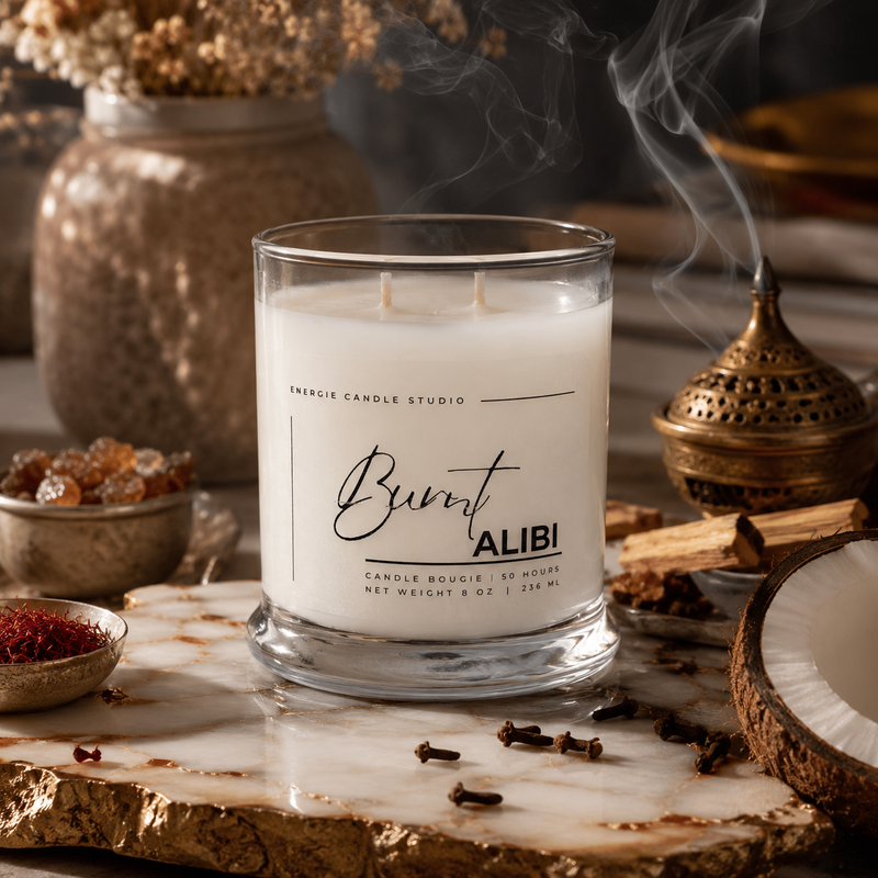 A white scented candle in a clear glass jar sits on a marble slab surrounded by warm decorative props, including a brass incense burner, dried flowers, cloves, and a coconut half. The candle label reads 'Burnt ALI!' and 'ENERGIE CANDLE STUDIO'.