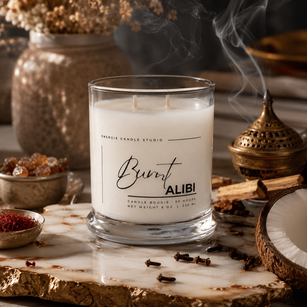 A white scented candle in a clear glass jar sits on a marble slab surrounded by warm decorative props, including a brass incense burner, dried flowers, cloves, and a coconut half. The candle label reads 'Burnt ALI!' and 'ENERGIE CANDLE STUDIO'.