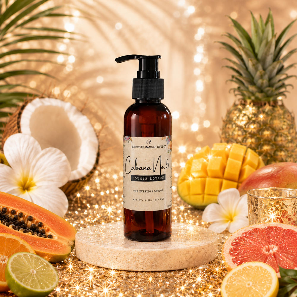 A pump bottle of Cabana No. 3 Coconut Scent hand wash stands on a round stone pedestal, surrounded by tropical fruits and flowers against a sparkling gold background.
